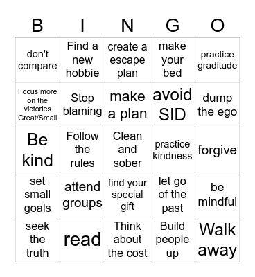 Relapse Prevention Bingo Card