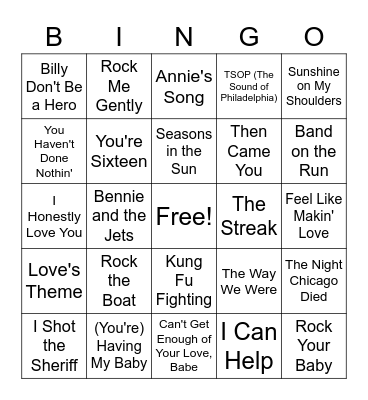 #1 Songs 1974 Bingo Card