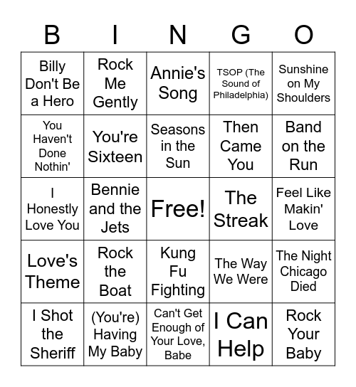 #1 Songs 1974 Bingo Card
