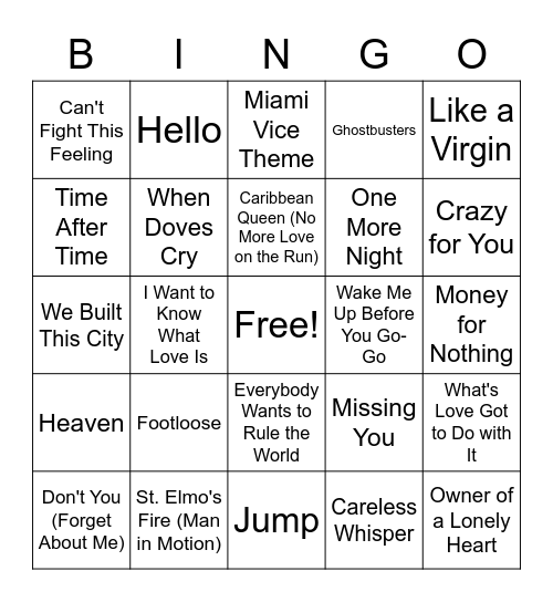 #1 Songs 1984-1985 Bingo Card