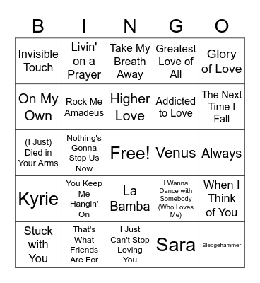 #1 Songs 1986-1987 Bingo Card