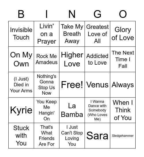 #1 Songs 1986-1987 Bingo Card