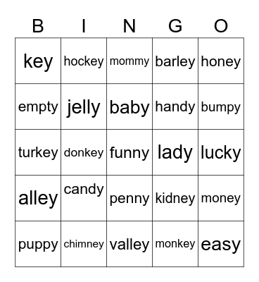 Long e with y and ey Bingo Card