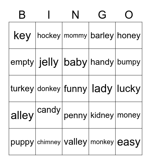 Long e with y and ey Bingo Card
