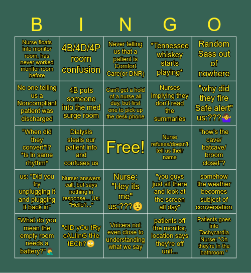 Monitor Room Cliché Bingo Card