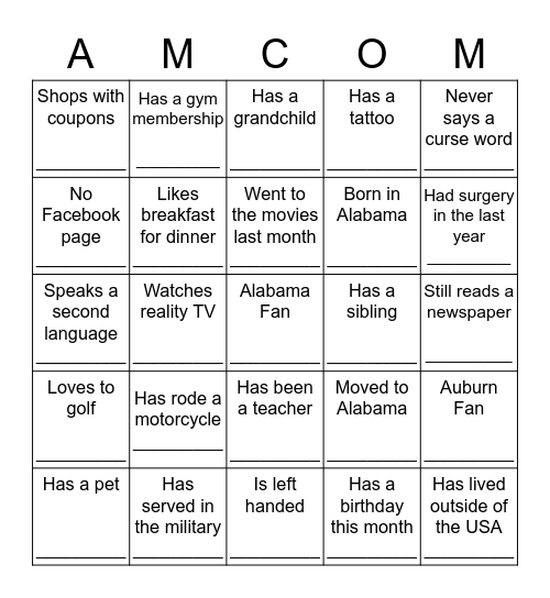 AMCOM G3 Organization Day BINGO Card