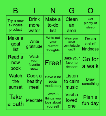Self-Care Bingo 💚 Bingo Card