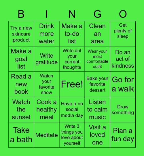 Self-Care Bingo 💚 Bingo Card