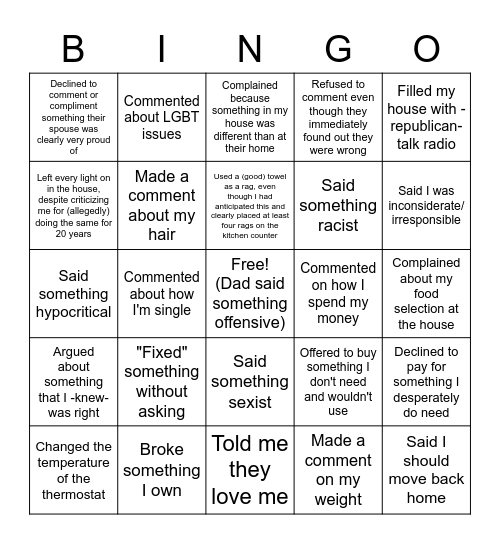 "My Parents are Visiting" Bingo Card