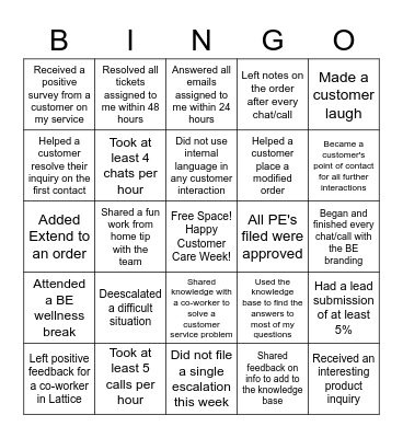 Customer Care Bingo Card