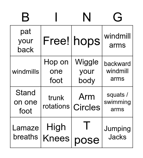 Movement Bing Bingo Card