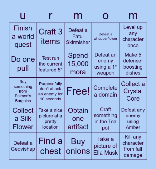 Genshin Impact Bingo Card