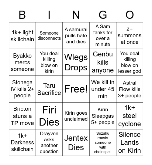 Kirin Bingo Card