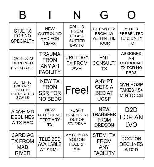 TRANSFER CENTER BINGO Card