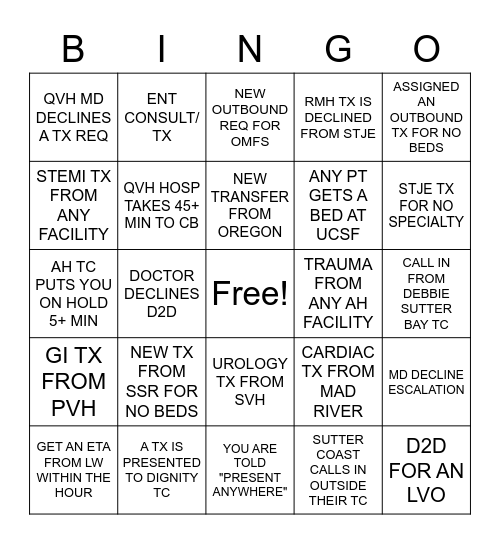 TRANSFER CENTER BINGO Card