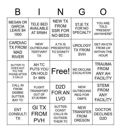 TRANSFER CENTER BINGO Card