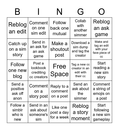 Simblr Community Bingo Card
