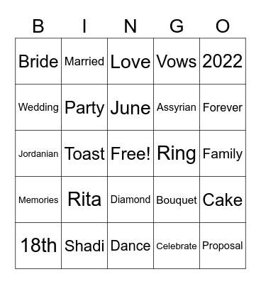 Rita's Bridal Shower Bingo Card