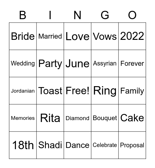 Rita's Bridal Shower Bingo Card