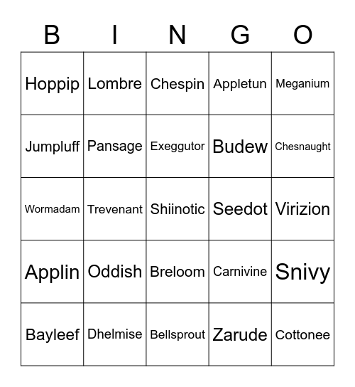 UnhelpfulNPC Round 1 (Grass Types) Bingo Card