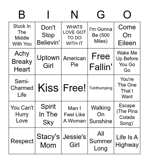 Songs To Sing In The Car Bingo Card