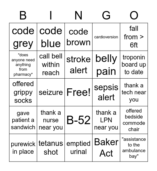 Nurse's Week ER Bingo Card