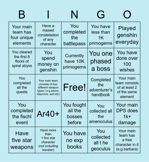 Genshin Impact Bingo Card