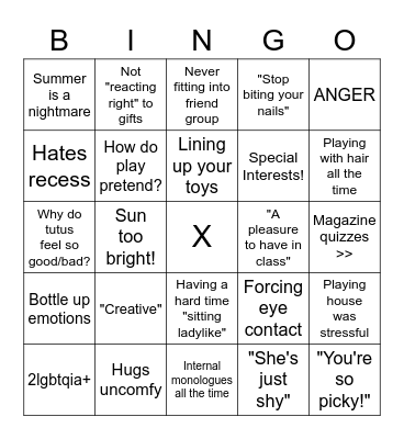 AFAB Undiagnosed Autism Bingo Card