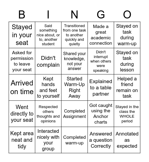 Good Behavior Bingo Card