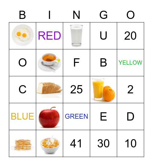 Breakfast - Numbers - Letters - Colors Bingo Card