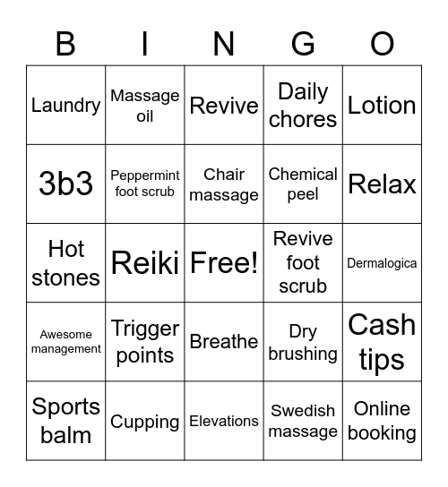 Massage Heights Bingo Card