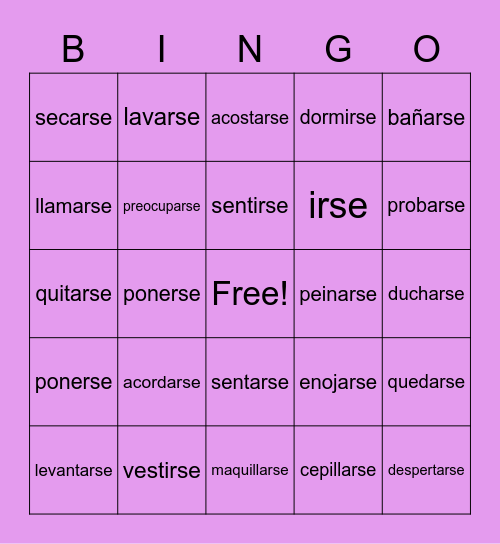 Reflexive Verbs Bingo Card
