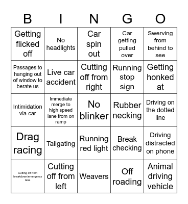 Live Driving Bingo-C Bingo Card