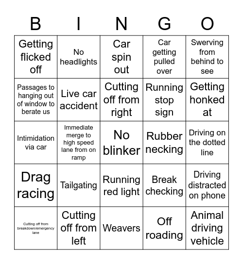 Live Driving Bingo-C Bingo Card