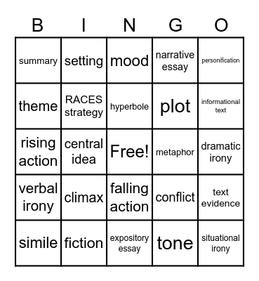 ELA Review Terms Bingo Card