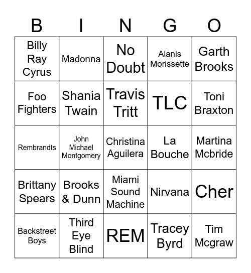 90's Hit Bingo Card