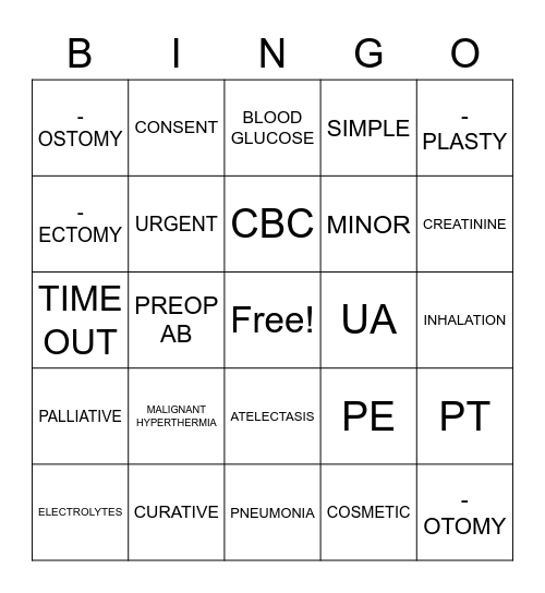 preop/postop Bingo Card