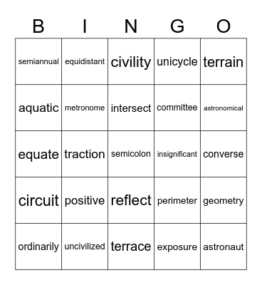 Vocabulary Bingo Card