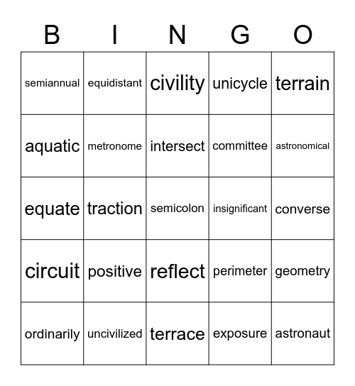 Vocabulary Bingo Card