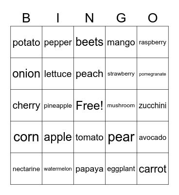 Fruits and Vegetables Bingo Card