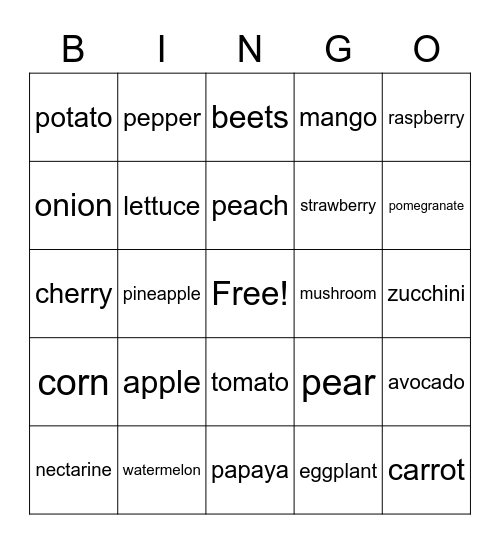 Fruits and Vegetables Bingo Card
