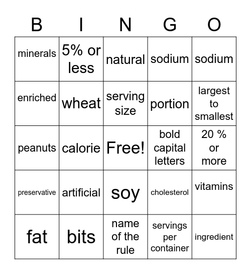 Nutrition Facts Label Bingo Card