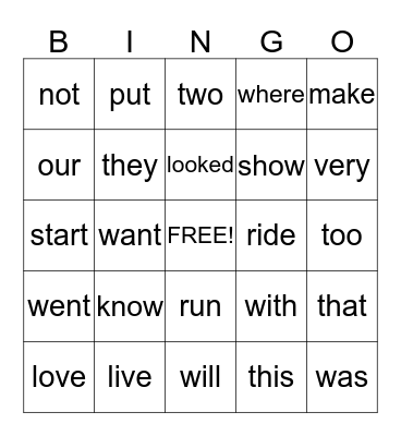 1st grade Core Words Bingo Card