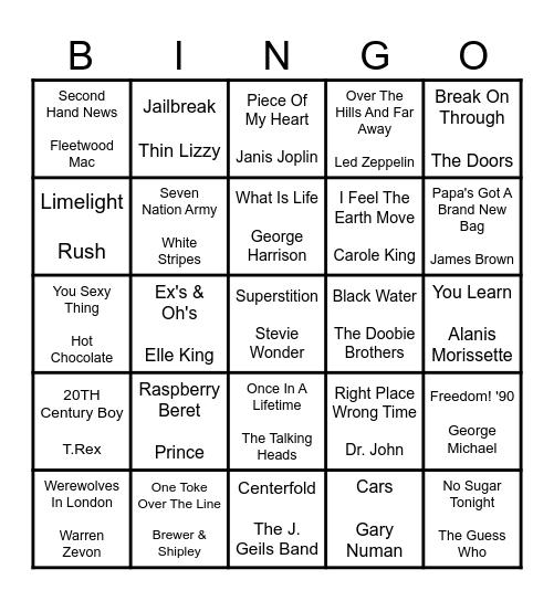 ROCK N' ROLL Bingo Card