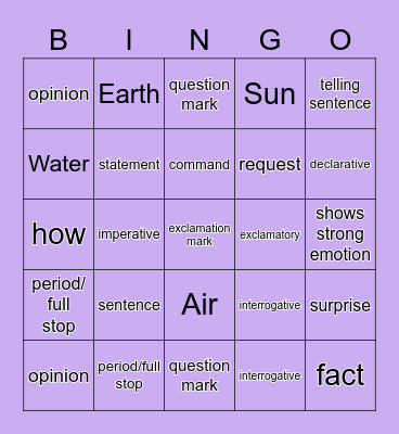 Types of Sentences Bingo Card