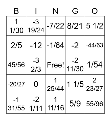 Negative Fractions Bingo Card
