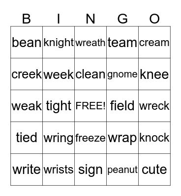 Week 2 and 3 Spelling Words Bingo Card