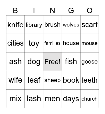 Singular vs. Plural Nouns Bingo Card