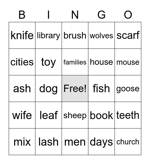 Singular vs. Plural Nouns Bingo Card