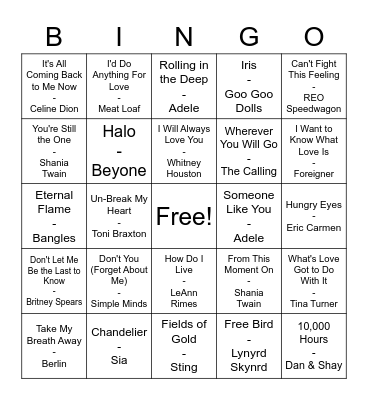 Power Ballads Bingo Card